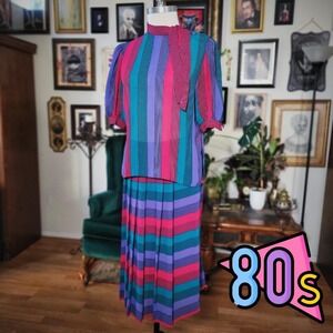 Vintage 1980s Prophecy Striped Colorblock Blouse & Skirt Set Size 12